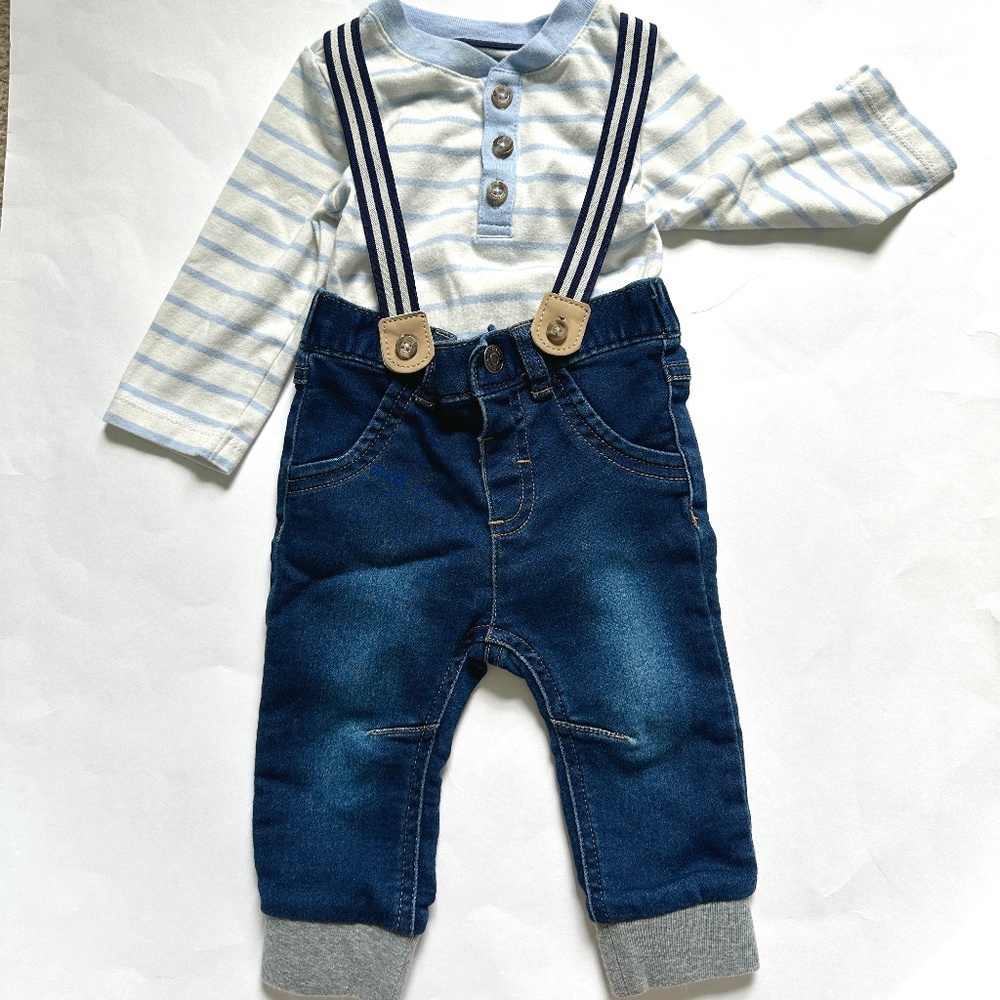 Cat & Jack Baby Boy's 3 Piece Matching Set Suspenders 3-6M Blue White Stripe